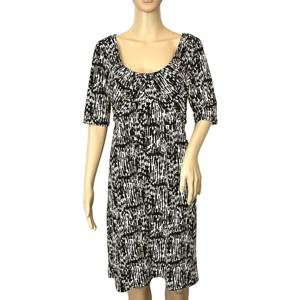 Ann Taylor Dress Black Tan Scoop Neck Side Zip Half Sleeve Stretch Slinky Sz 10